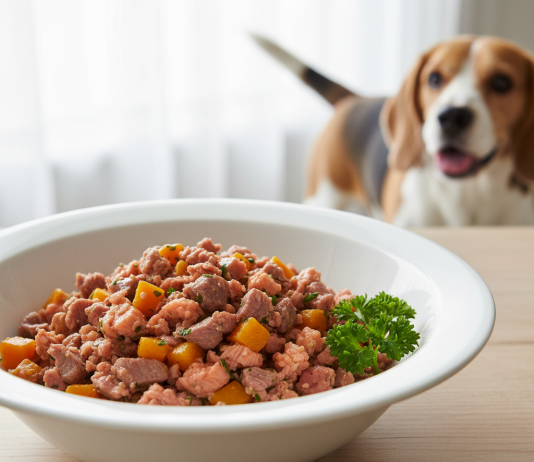 A beautifully plated serving of high-quality, gourmet minced dog food in a clean, white ceramic bowl