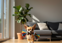A photorealistic, high-resolution shot of a cheerful fawn-colored Chihuahua playing in a brightly lit, modern living room