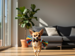 A photorealistic, high-resolution shot of a cheerful fawn-colored Chihuahua playing in a brightly lit, modern living room