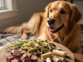 A bright, clean, and warm overhead shot of various natural dog treats artfully arranged on a rustic wooden board