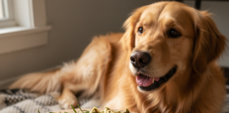 A bright, clean, and warm overhead shot of various natural dog treats artfully arranged on a rustic wooden board