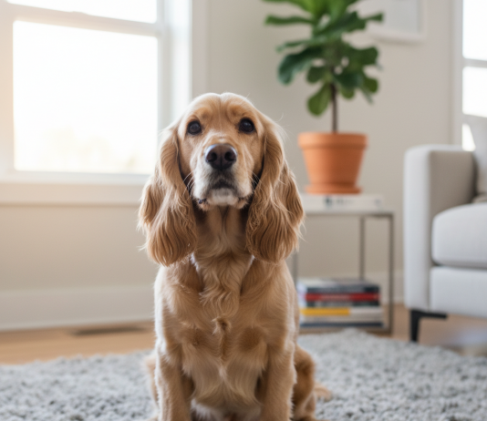 A beautiful, happy buff-colored Cocker Spaniel sitting on a plush, light grey rug in a brightly lit, modern living room