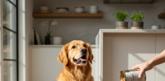 A photorealistic, heartwarming shot of a healthy, happy adult dog, possibly a Golden Retriever or a similar medium-to-large breed, sitting expectantly in a modern, sunlit kitchen