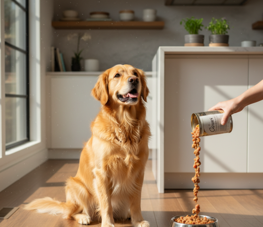 A photorealistic, heartwarming shot of a healthy, happy adult dog, possibly a Golden Retriever or a similar medium-to-large breed, sitting expectantly in a modern, sunlit kitchen