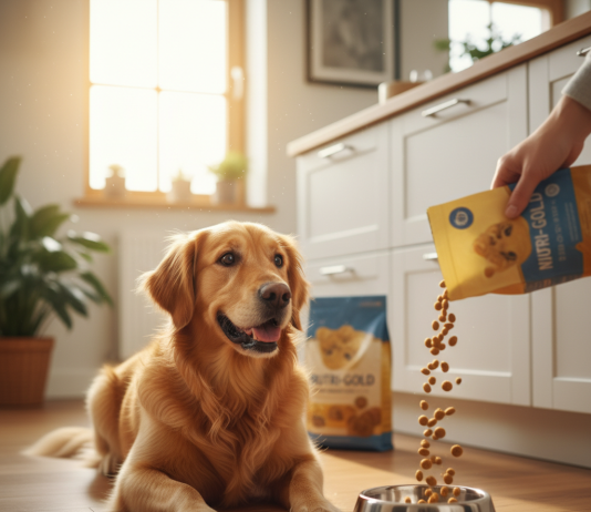 A happy, healthy Golden Retriever is eagerly looking at its food bowl, which is being filled with kibble