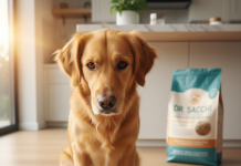 A photorealistic shot of a happy, healthy medium-sized dog, like a Golden Retriever, looking eagerly at a bowl of Dr