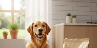 A photorealistic, heartwarming shot of a healthy and happy adult Golden Retriever sitting attentively next to its food bowl in a bright, modern kitchen