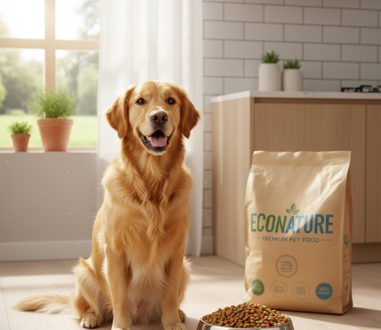 A photorealistic, heartwarming shot of a healthy and happy adult Golden Retriever sitting attentively next to its food bowl in a bright, modern kitchen