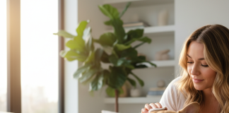 A photorealistic, heartwarming scene of a fawn-colored French Bulldog being gently groomed by its owner in a bright, modern living room