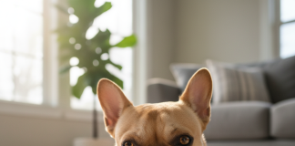 A photorealistic, heartwarming indoor shot of a fawn-colored French Bulldog with bright, curious eyes, actively playing with a durable rubber chew toy