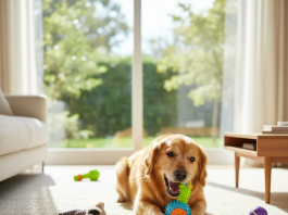 A photorealistic, heartwarming shot of a joyful Golden Retriever playing in a brightly lit, modern living room