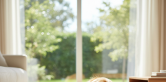 A photorealistic, heartwarming shot of a joyful Golden Retriever playing in a brightly lit, modern living room