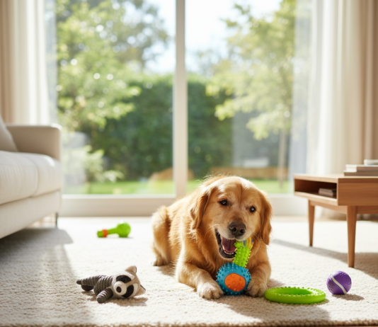 A photorealistic, heartwarming shot of a joyful Golden Retriever playing in a brightly lit, modern living room