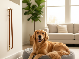 A beautiful, happy adult Golden Retriever is the main subject, resting elegantly in a bright, modern living room