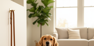 A beautiful, happy adult Golden Retriever is the main subject, resting elegantly in a bright, modern living room