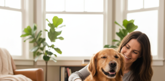 A stunningly beautiful, happy Golden Retriever is being gently groomed by its owner in a bright, cozy living room