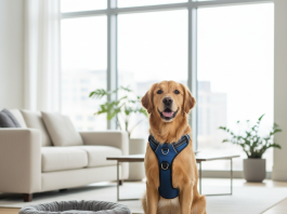 A photorealistic, magazine-quality shot of a beautiful adult Golden Retriever sitting proudly in a bright, modern living room