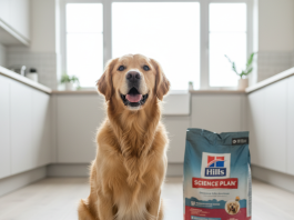 A photorealistic, heartwarming medium shot of a happy and healthy Golden Retriever sitting attentively on a light-colored wooden floor in a bright, modern kitchen