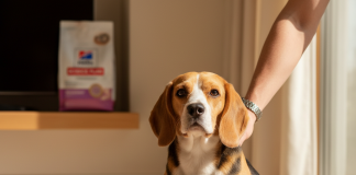 A photorealistic, warm, and inviting indoor scene focusing on a healthy adult Beagle sitting patiently on a clean wooden floor