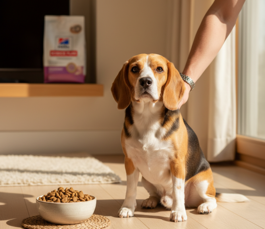 A photorealistic, warm, and inviting indoor scene focusing on a healthy adult Beagle sitting patiently on a clean wooden floor