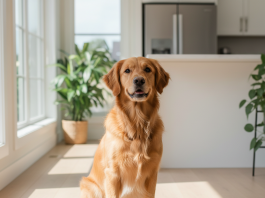 A photorealistic, heartwarming shot of a healthy medium-sized dog, like a golden retriever, sitting patiently next to its food bowl in a bright, modern kitchen
