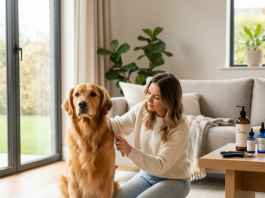 A beautiful, well-groomed Golden Retriever is sitting patiently on a light-colored rug in a bright, modern living room