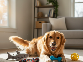 A photorealistic, heartwarming shot of a joyful Golden Retriever playing in a sun-drenched living room