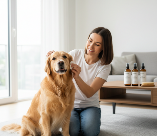 A photorealistic, heartwarming scene captured in a bright, modern living room with soft, natural light streaming through a large window