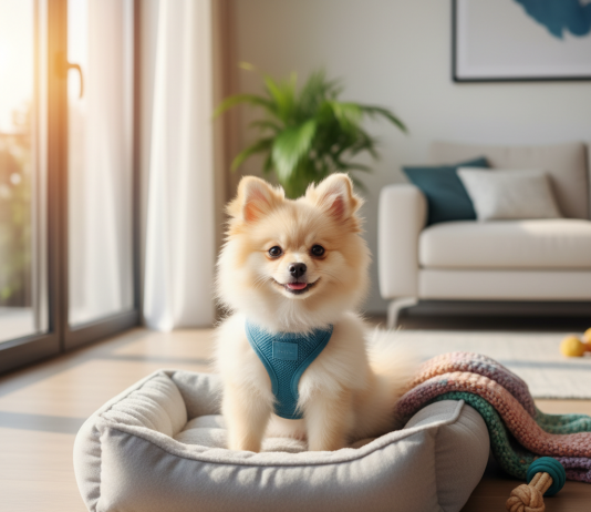 A photorealistic, heartwarming medium shot of a fluffy, cream-colored Pomeranian puppy sitting happily on a plush, light gray dog bed in a bright, modern living room