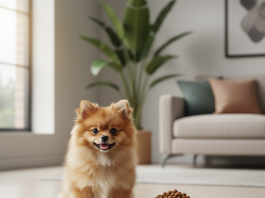 A fluffy, adorable orange sable Pomeranian puppy sits happily on a light-colored wooden floor in a brightly lit, modern living room