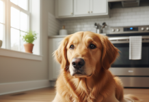 A photorealistic, heartwarming shot of a healthy adult Golden Retriever in a bright, modern kitchen