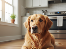 A photorealistic, heartwarming shot of a healthy adult Golden Retriever in a bright, modern kitchen
