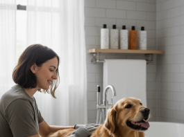 A photorealistic, heartwarming shot of a person gently grooming their happy Golden Retriever in a bright, modern bathroom