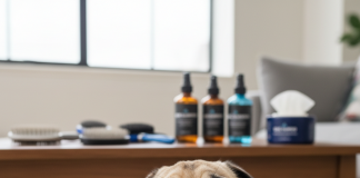 A photorealistic, heartwarming close-up shot of a fawn-colored Pug