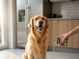 A photorealistic, heartwarming medium shot of a happy Golden Retriever in a bright, modern kitchen