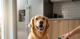 A photorealistic, heartwarming medium shot of a happy Golden Retriever in a bright, modern kitchen