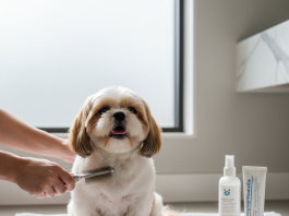 A beautifully groomed, happy Shih Tzu is the centerpiece of a bright, clean, modern bathroom