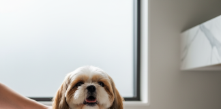 A beautifully groomed, happy Shih Tzu is the centerpiece of a bright, clean, modern bathroom