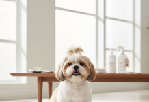 A beautiful, well-groomed Shih Tzu with a pristine white and gold coat sits calmly on a plush, light-colored rug in a bright, modern living room