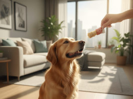 A heartwarming, photorealistic shot of a happy Golden Retriever sitting patiently on a clean wooden floor in a bright, modern living room
