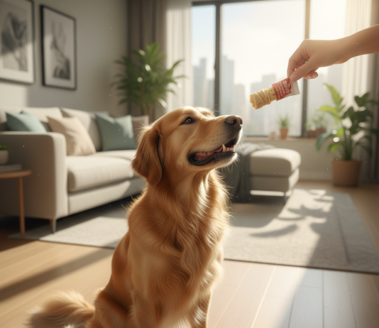 A heartwarming, photorealistic shot of a happy Golden Retriever sitting patiently on a clean wooden floor in a bright, modern living room