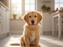 A photorealistic, heartwarming shot of a fluffy Golden Retriever puppy sitting patiently on a clean, light-colored kitchen floor