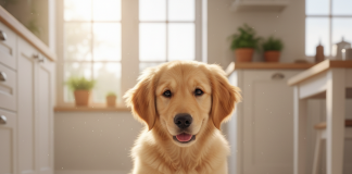 A photorealistic, heartwarming shot of a fluffy Golden Retriever puppy sitting patiently on a clean, light-colored kitchen floor