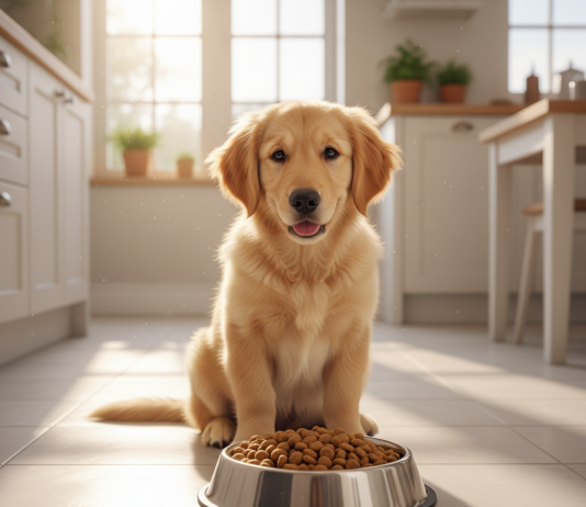 A photorealistic, heartwarming shot of a fluffy Golden Retriever puppy sitting patiently on a clean, light-colored kitchen floor