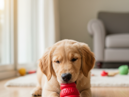 A photorealistic, heartwarming close-up shot of a golden retriever puppy happily chewing on a durable rubber toy, possibly a red Kong classic