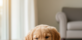 A photorealistic, heartwarming close-up shot of a golden retriever puppy happily chewing on a durable rubber toy, possibly a red Kong classic