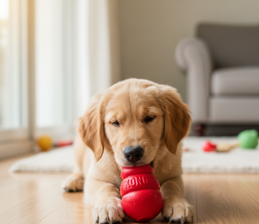 A photorealistic, heartwarming close-up shot of a golden retriever puppy happily chewing on a durable rubber toy, possibly a red Kong classic