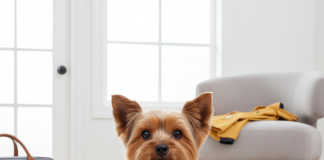 A beautifully groomed, healthy Yorkshire Terrier wearing a stylish, well-fitting harness sits happily in a bright, modern living room