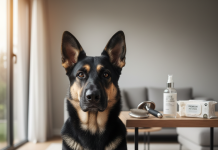 A photorealistic, high-detail shot of a healthy, majestic German Shepherd sitting proudly in a modern, clean living room