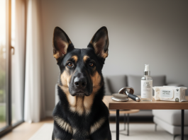 A photorealistic, high-detail shot of a healthy, majestic German Shepherd sitting proudly in a modern, clean living room